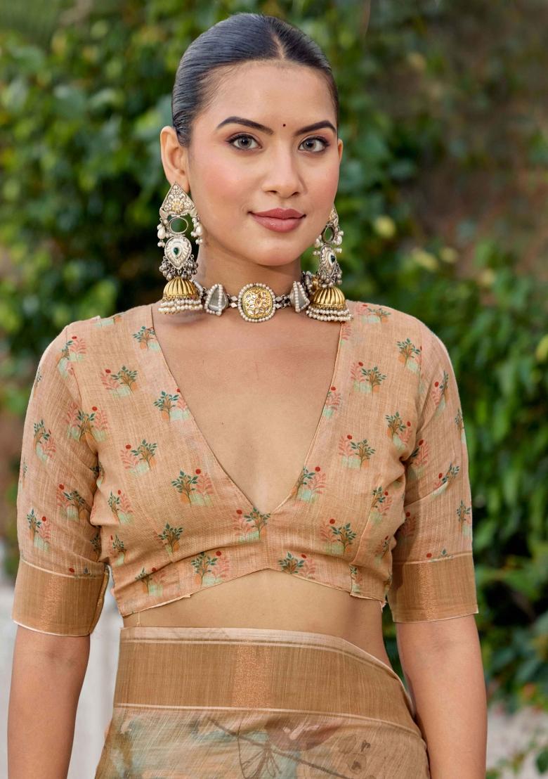 Beige Printed Blended Cotton Saree Set - Indya