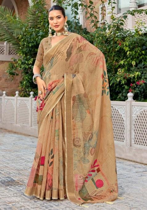Beige Printed Blended Cotton Saree Set