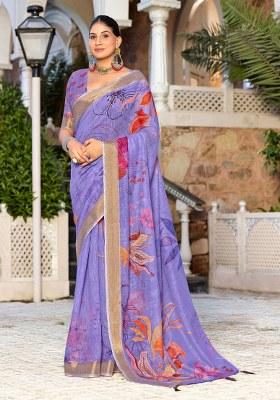 Lavender Printed Blended Cotton Saree Set