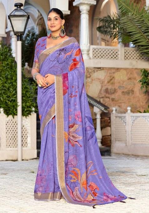 Lavender Printed Blended Cotton Saree Set