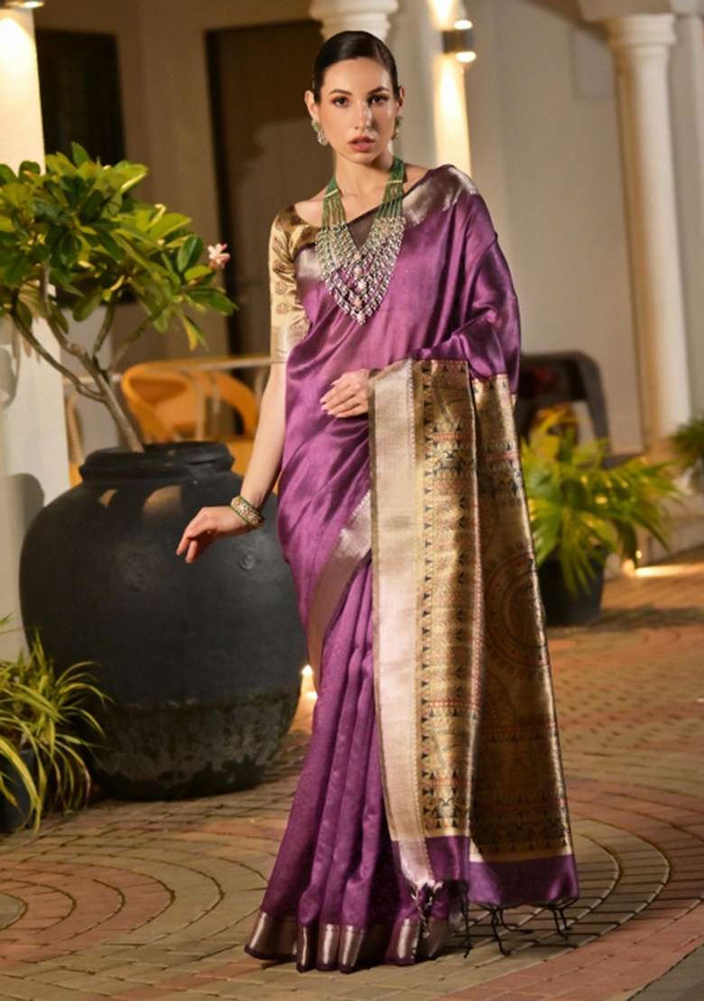 Purple Woven Art Silk Saree Set for Diwali and Festive Wear - Indya