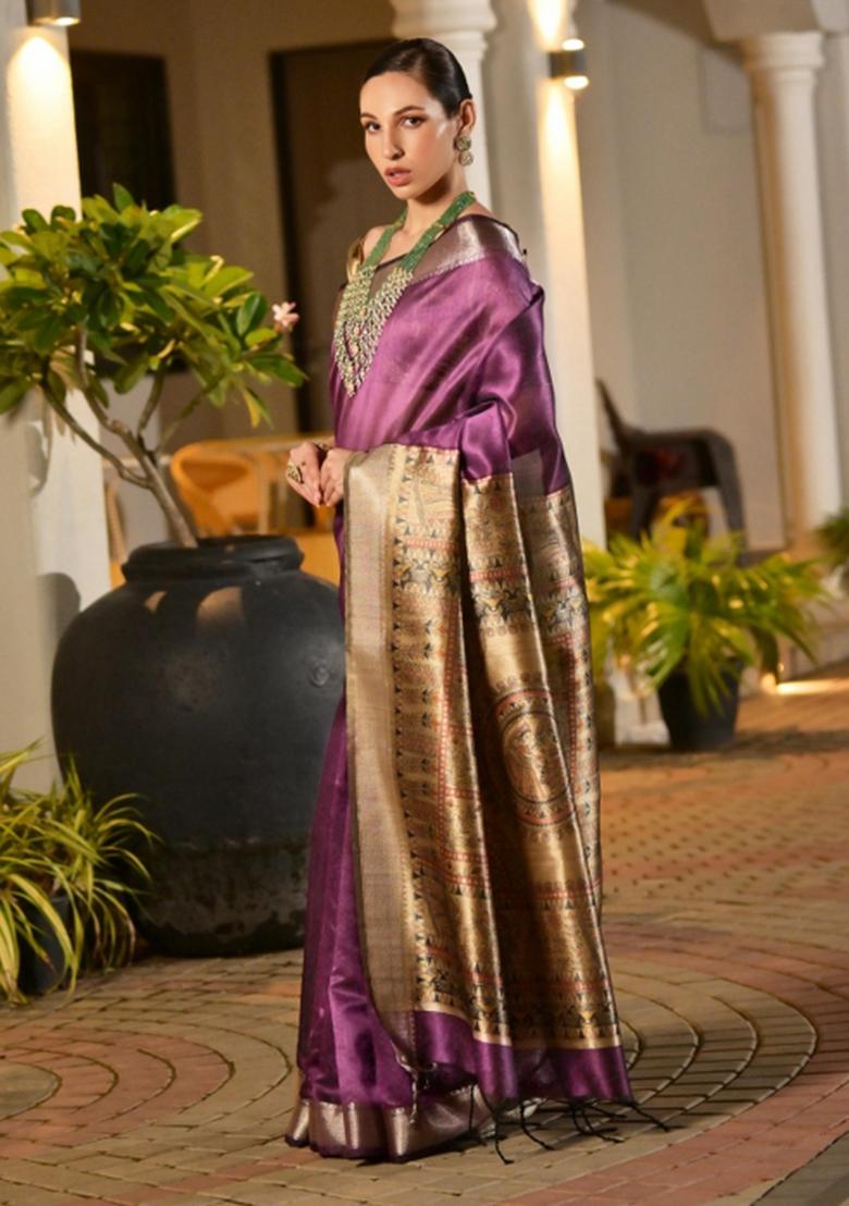 Purple Woven Art Silk Saree Set - Indya