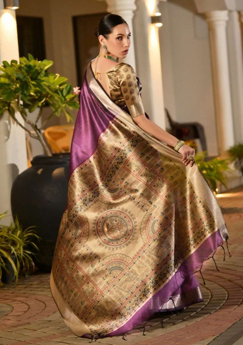 Purple Woven Art Silk Saree Set for Diwali and Festive Wear - Indya
