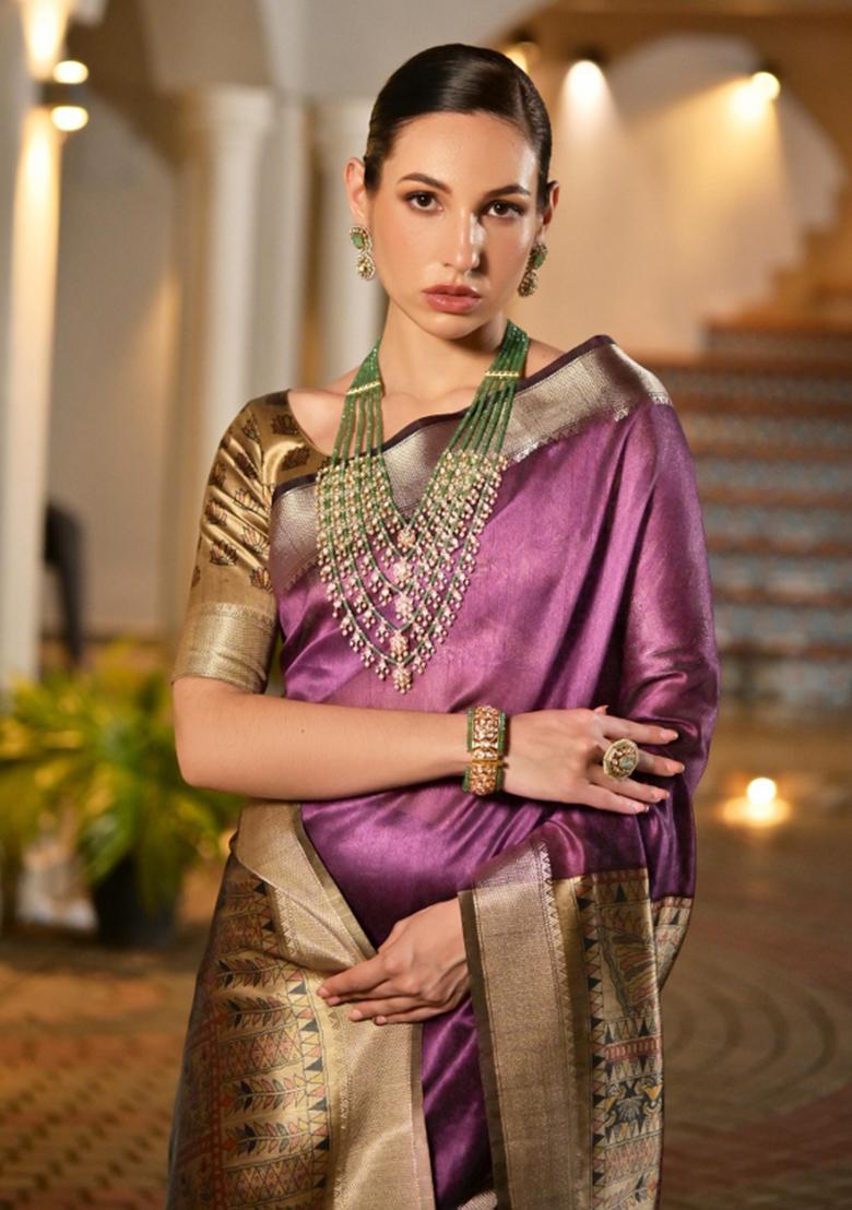 Purple Woven Art Silk Saree Set - Indya