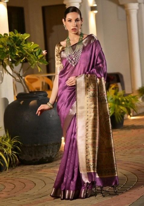 Purple Woven Art Silk Saree Set