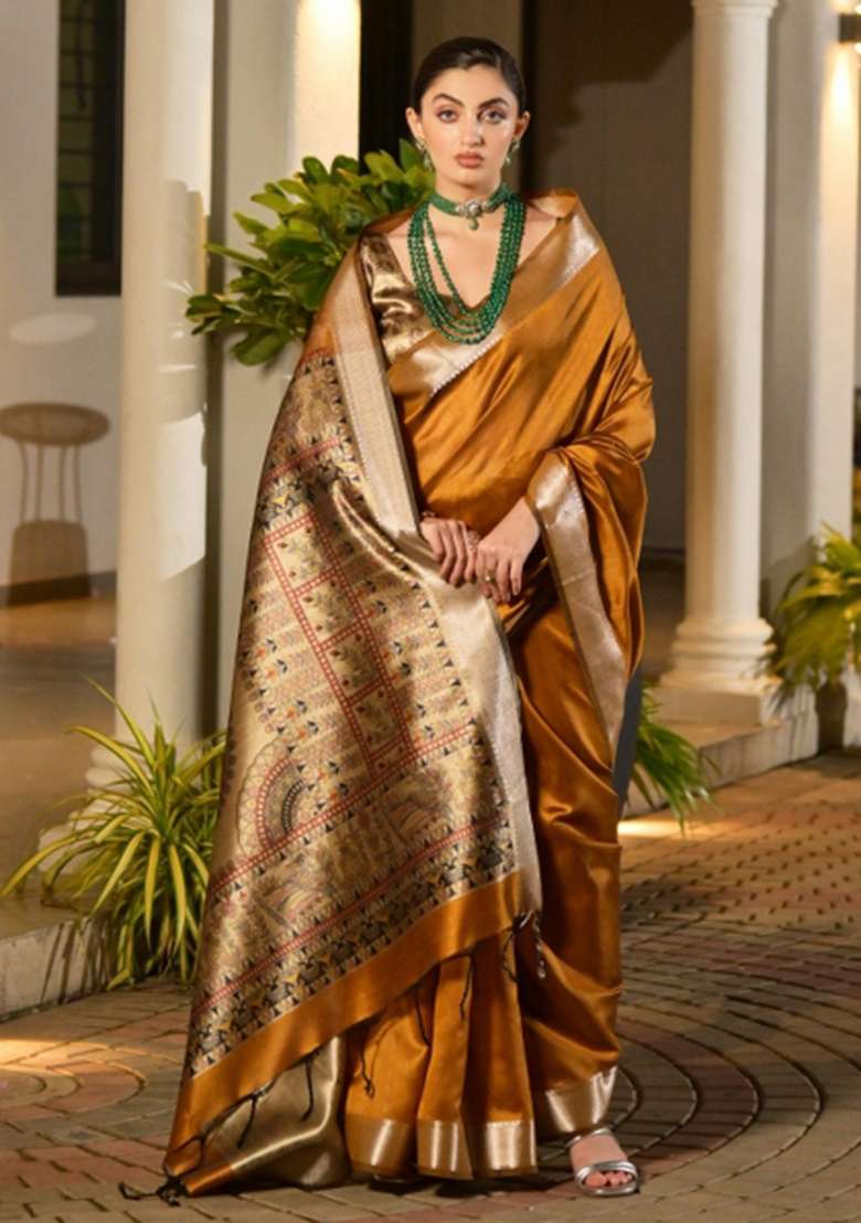 Mustard Woven Art Silk Saree Set for Diwali and Festive Wear - Indya