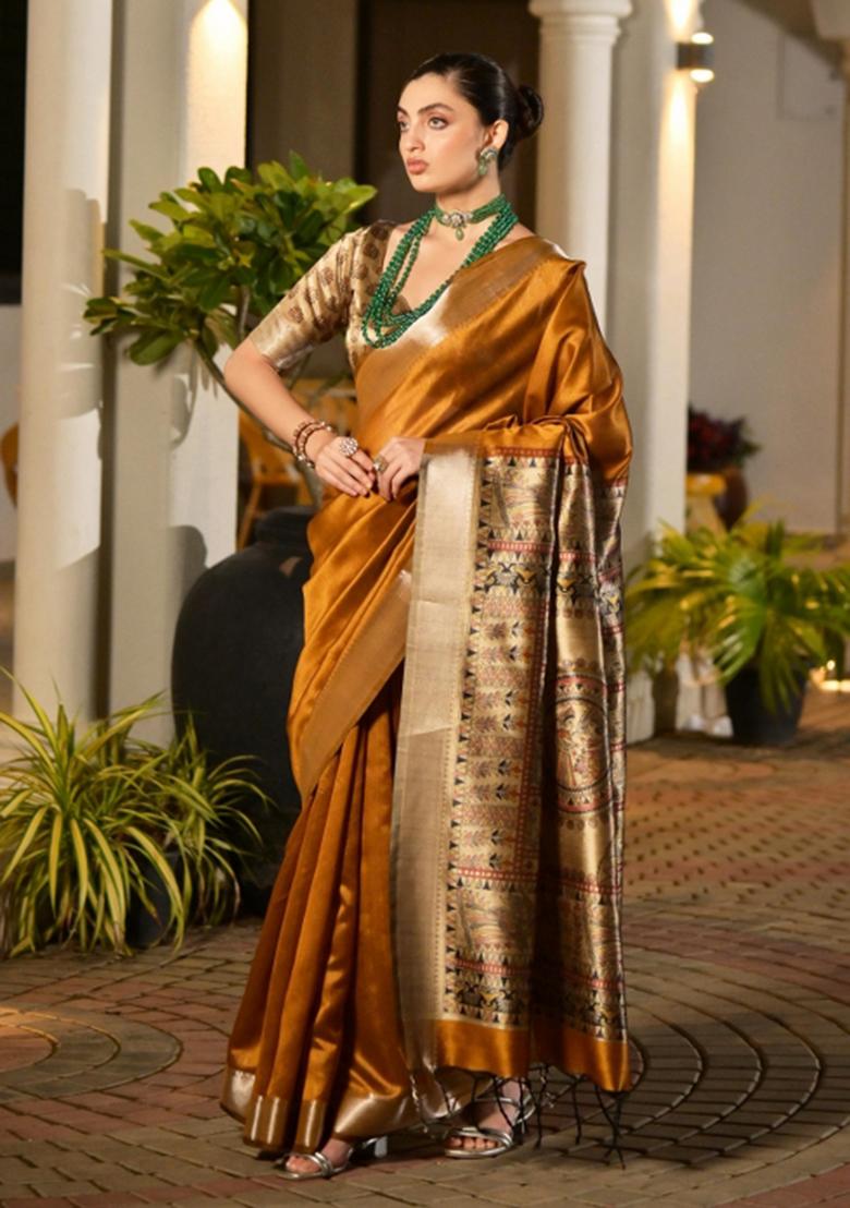 Mustard Woven Art Silk Saree Set - Indya