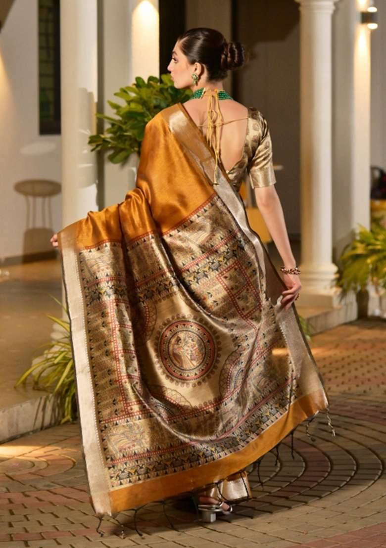 Mustard Woven Art Silk Saree Set for Diwali and Festive Wear - Indya