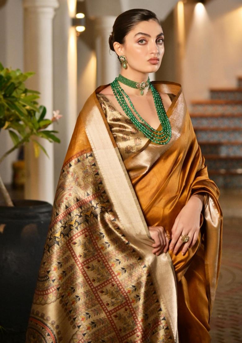 Mustard Woven Art Silk Saree Set - Indya