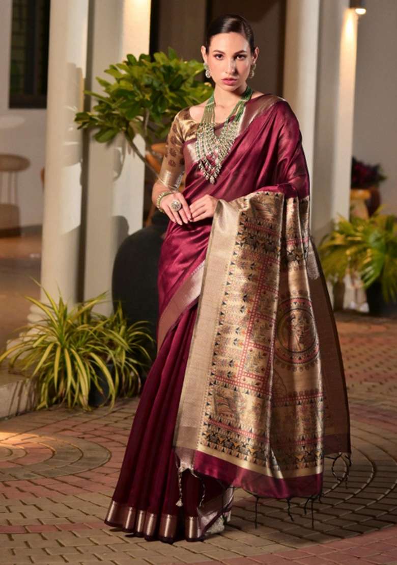 Wine Woven Art Silk Saree Set for Diwali | Wedding & Festive Wear - Indya