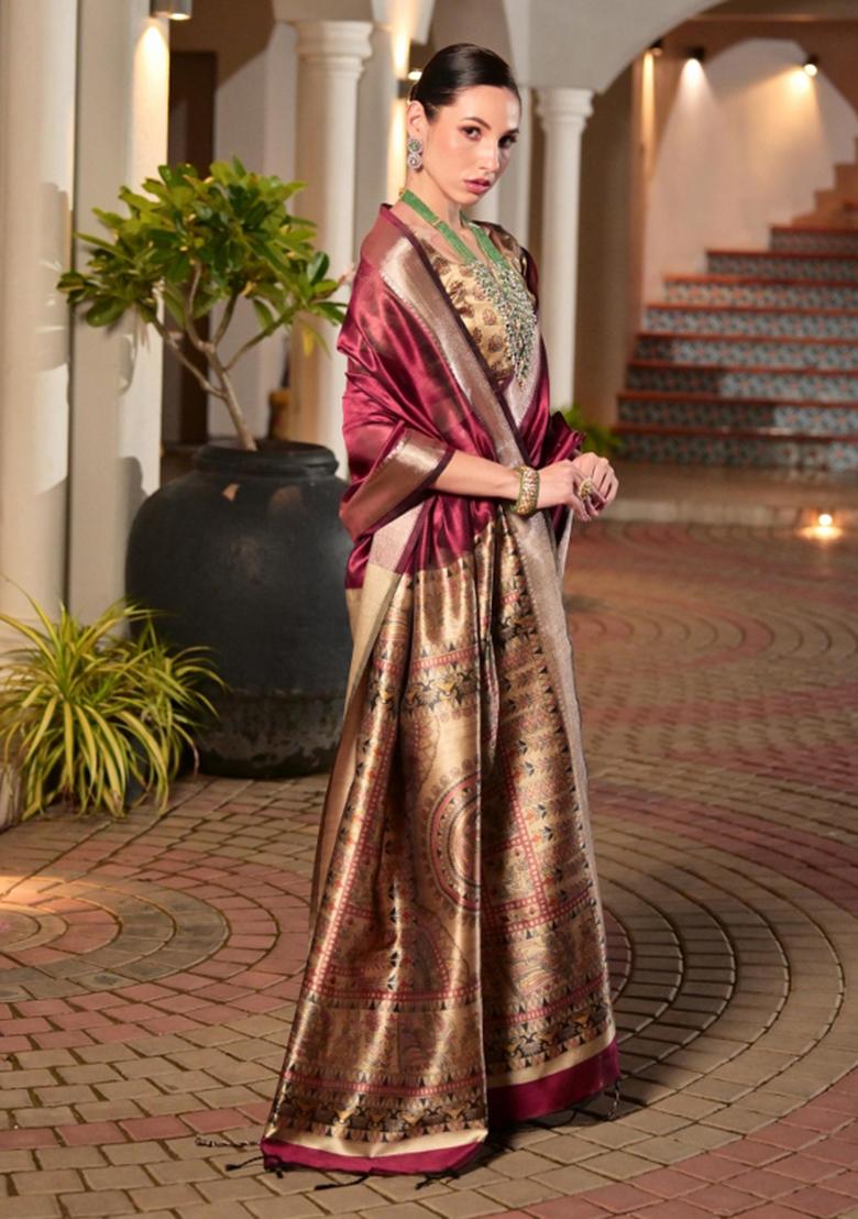 Wine Woven Art Silk Saree Set - Indya
