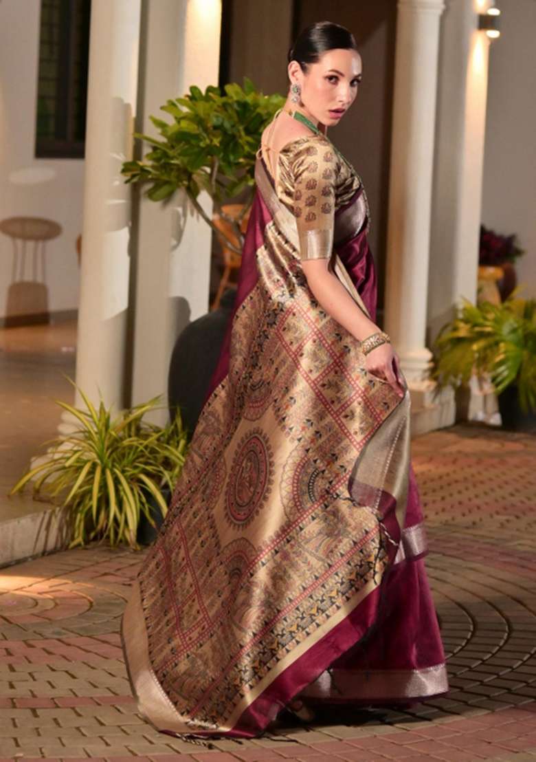 Wine Woven Art Silk Saree Set for Diwali | Wedding & Festive Wear - Indya