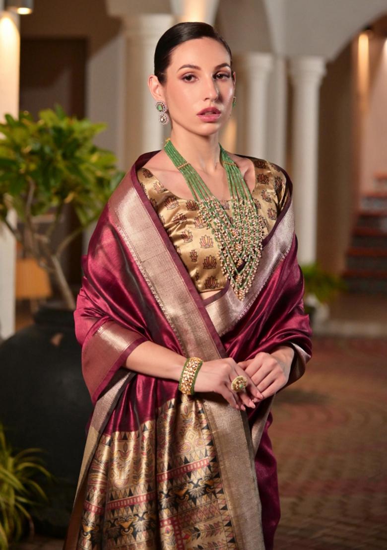 Wine Woven Art Silk Saree Set - Indya