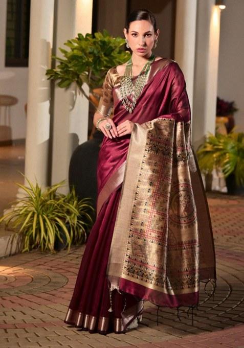 Wine Woven Art Silk Saree Set