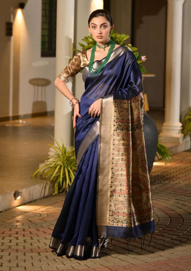 Blue Woven Art Silk Saree Set for Diwali | Wedding & Festive Wear - Indya