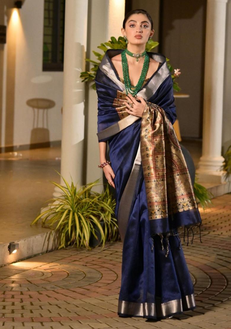 Blue Woven Art Silk Saree Set - Indya