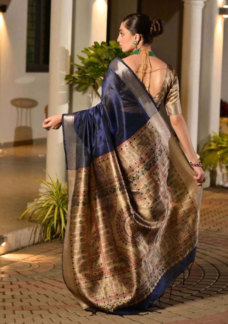 Blue Woven Art Silk Saree Set for Diwali | Wedding & Festive Wear - Indya