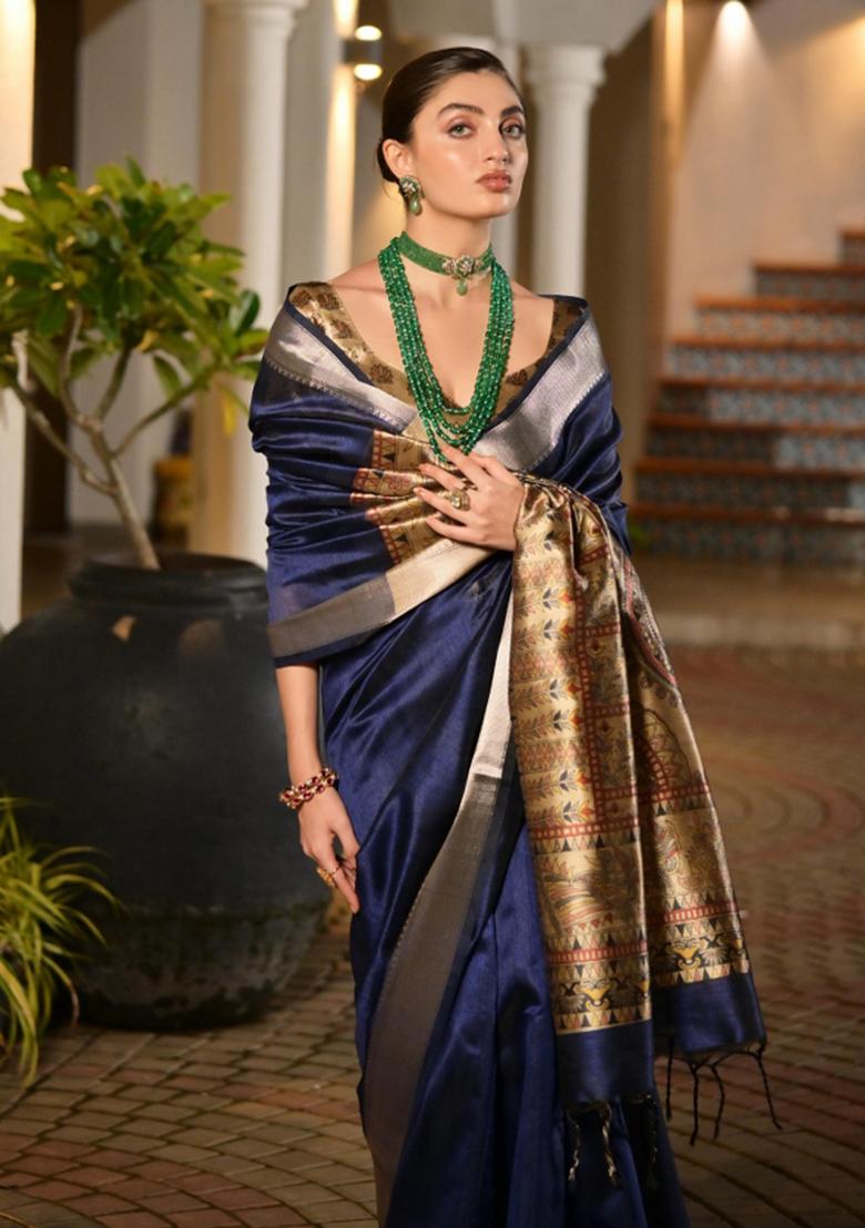 Blue Woven Art Silk Saree Set - Indya