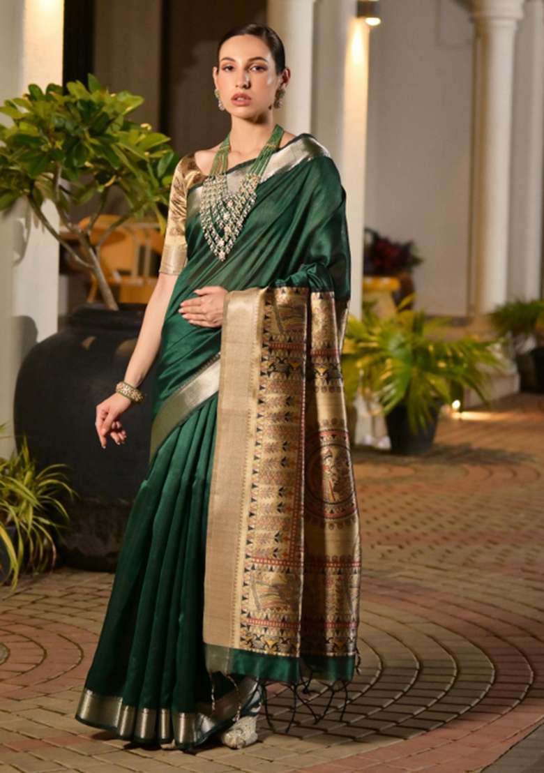 Green Woven Art Silk Saree Set for Diwali and Festive Wear - Indya