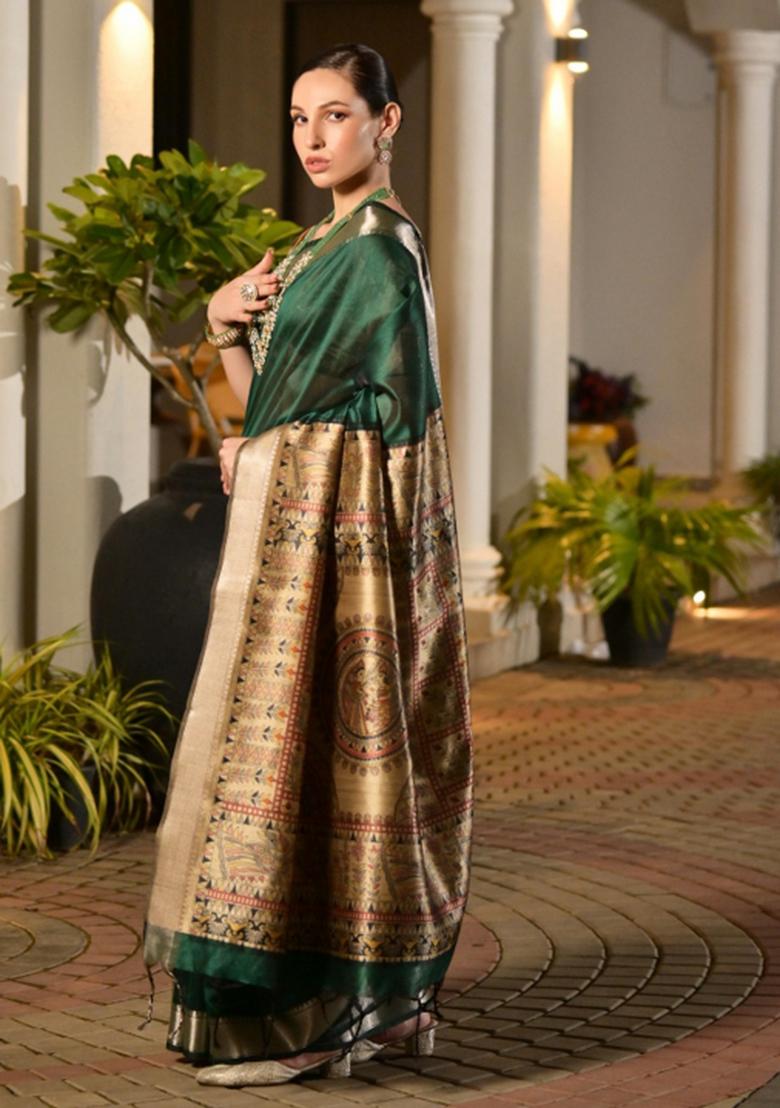 Green Woven Art Silk Saree Set - Indya