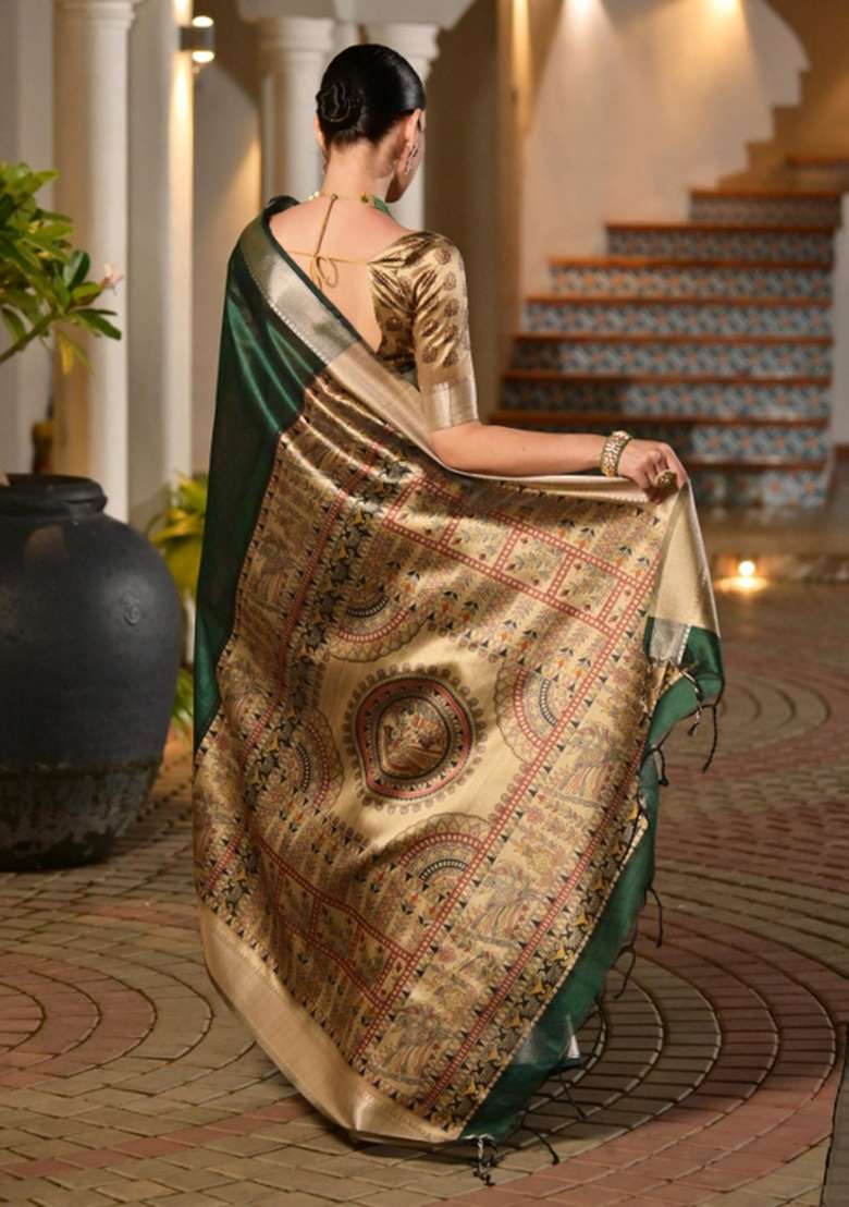 Green Woven Art Silk Saree Set for Diwali and Festive Wear - Indya