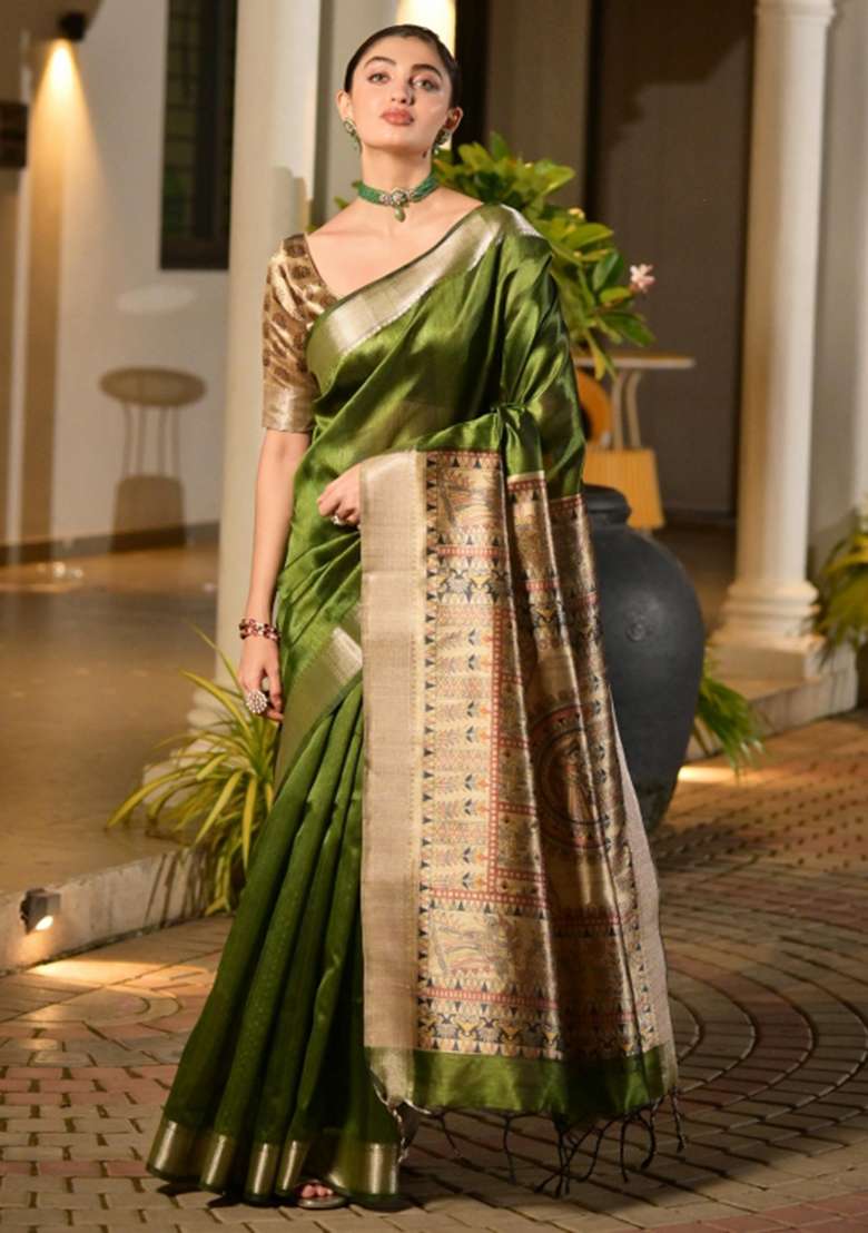 Green Woven Art Silk Saree Set for Diwali and Festive Wear - Indya