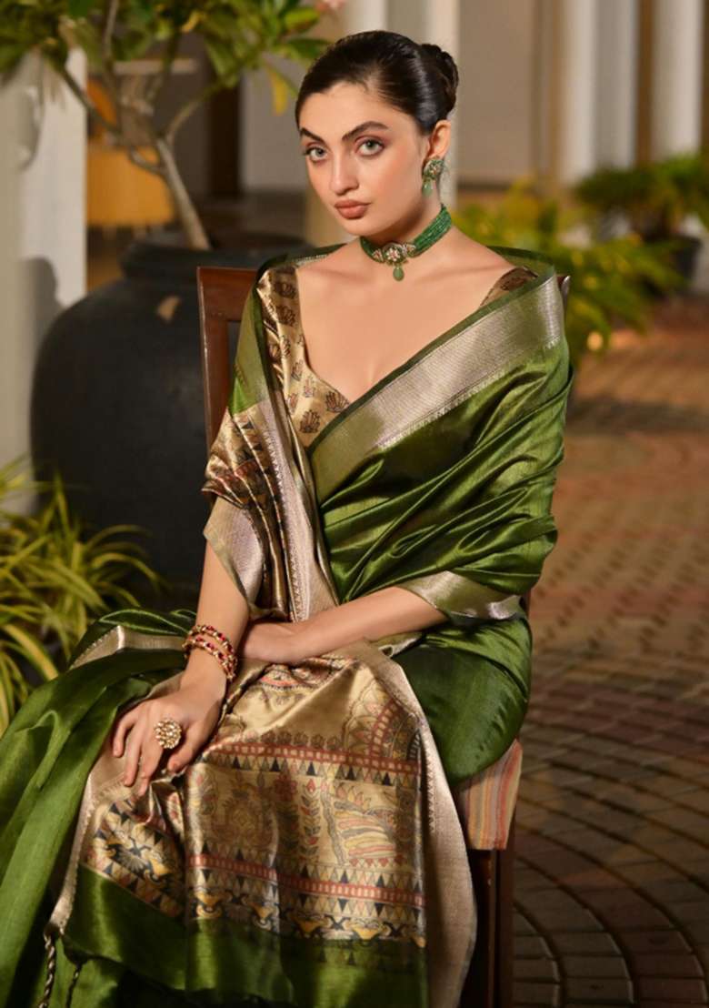 Green Woven Art Silk Saree Set for Diwali and Festive Wear - Indya