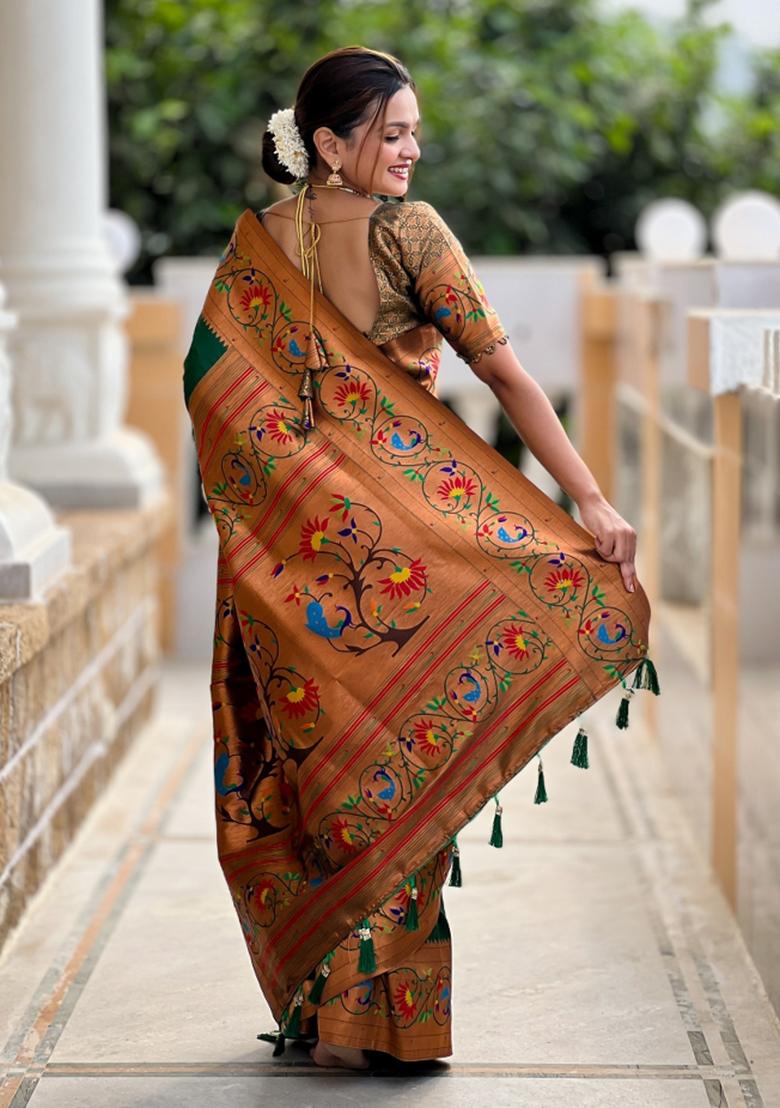 Green Woven Faux Paithani Silk Saree Set - Indya