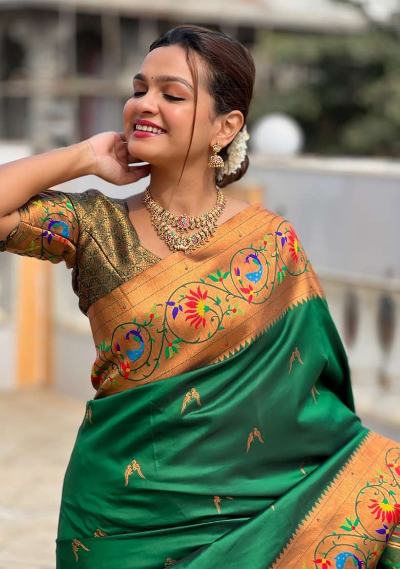 Green Woven Faux Paithani Silk Saree Set for Diwali | Wedding & Festive Wear - Indya