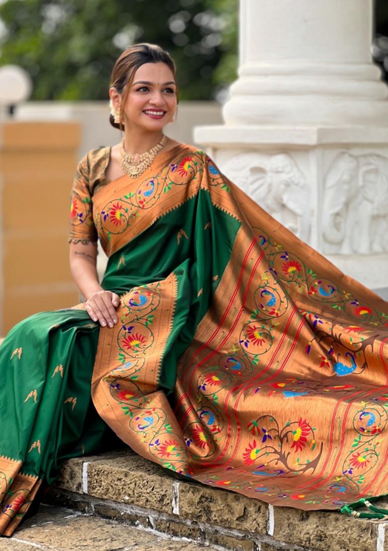 Green Woven Faux Paithani Silk Saree Set - Indya
