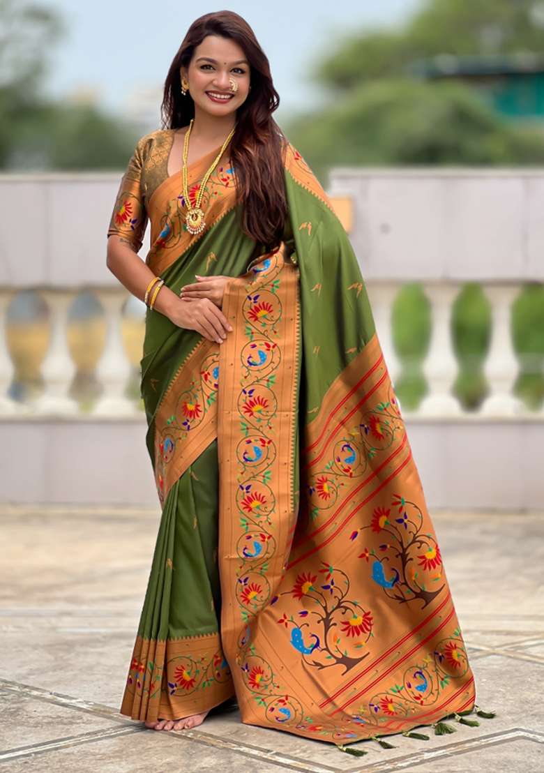 Green Woven Faux Paithani Silk Saree Set for Diwali | Wedding & Festive Wear - Indya