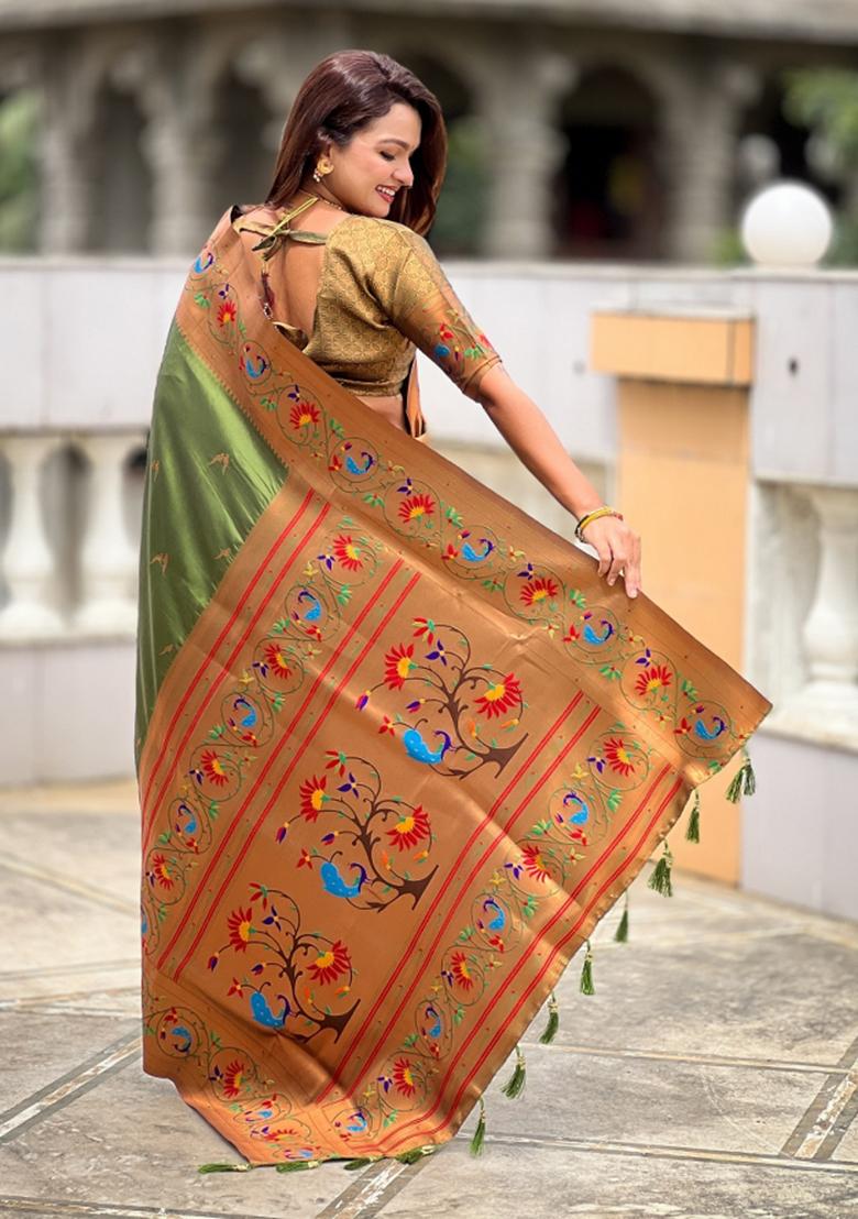 Green Woven Faux Paithani Silk Saree Set - Indya