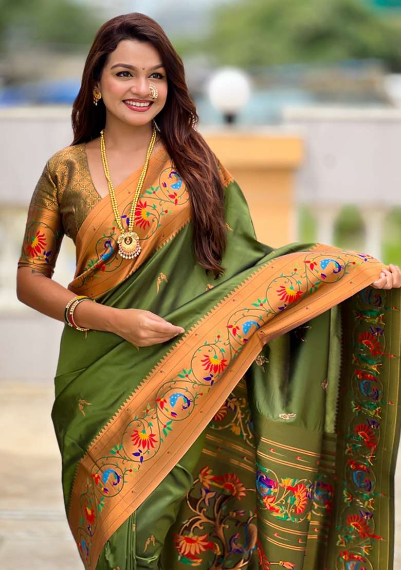 Green Woven Faux Paithani Silk Saree Set for Diwali | Wedding & Festive Wear - Indya