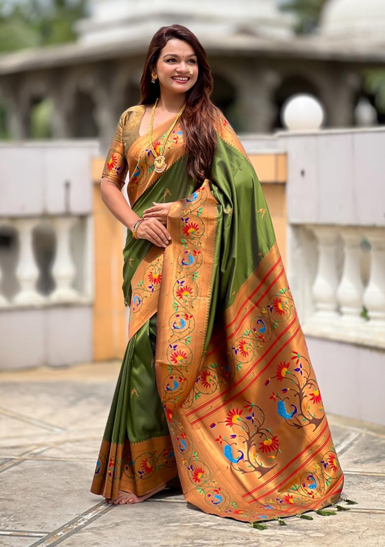 Green Woven Faux Paithani Silk Saree Set - Indya