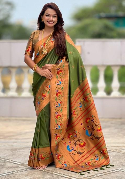 Green Woven Faux Paithani Silk Saree Set