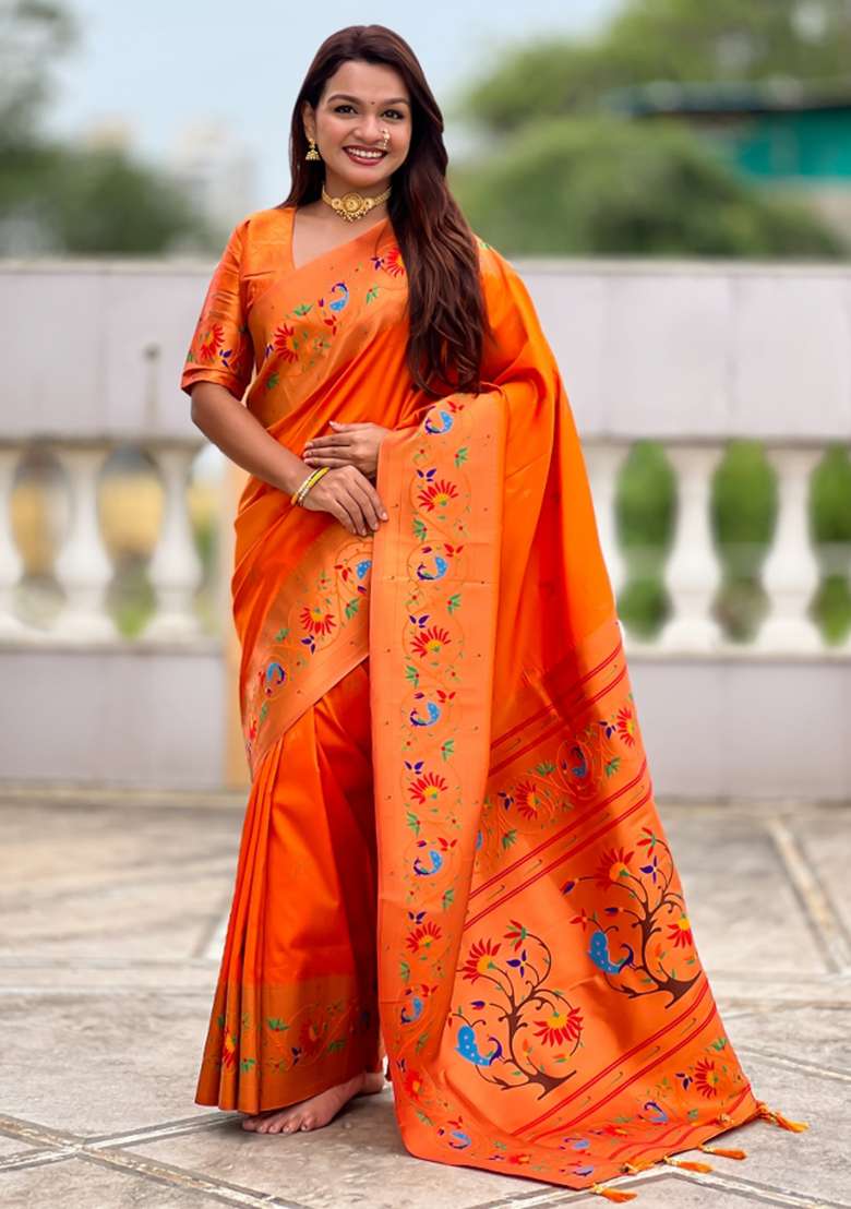 Orange Woven Faux Paithani Silk Saree Set for Diwali | Wedding & Festive Wear - Indya