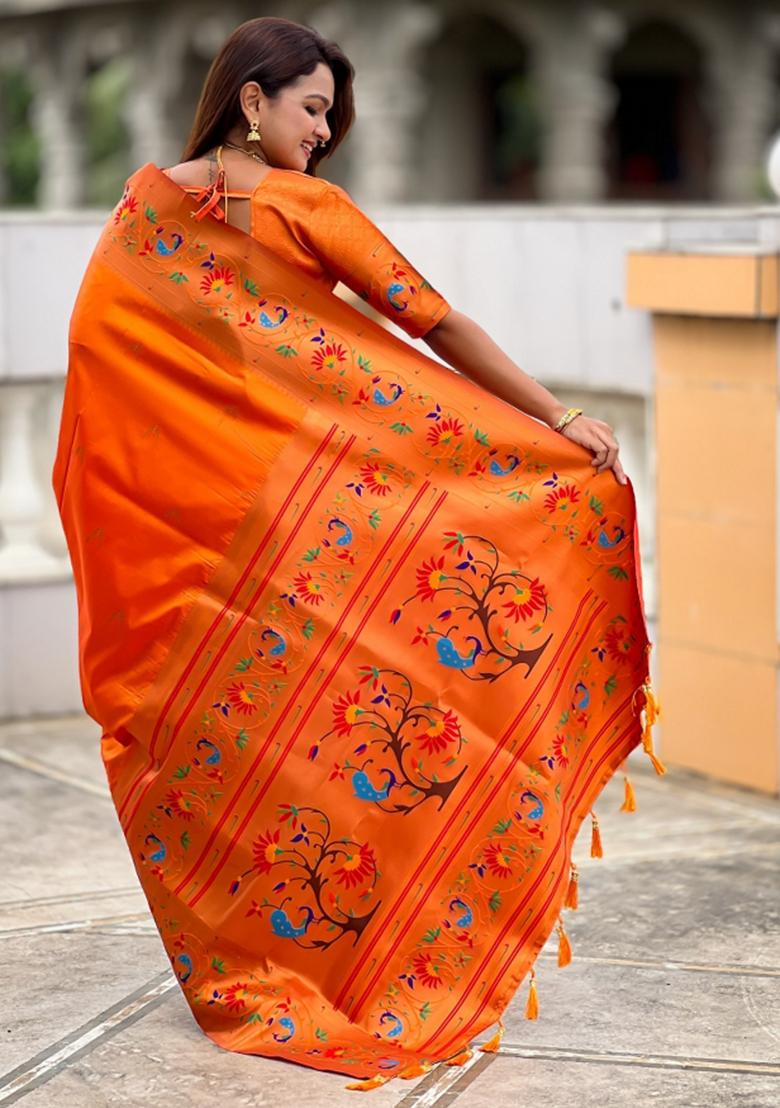 Orange Woven Faux Paithani Silk Saree Set - Indya