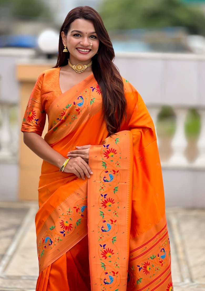 Orange Woven Faux Paithani Silk Saree Set for Diwali | Wedding & Festive Wear - Indya