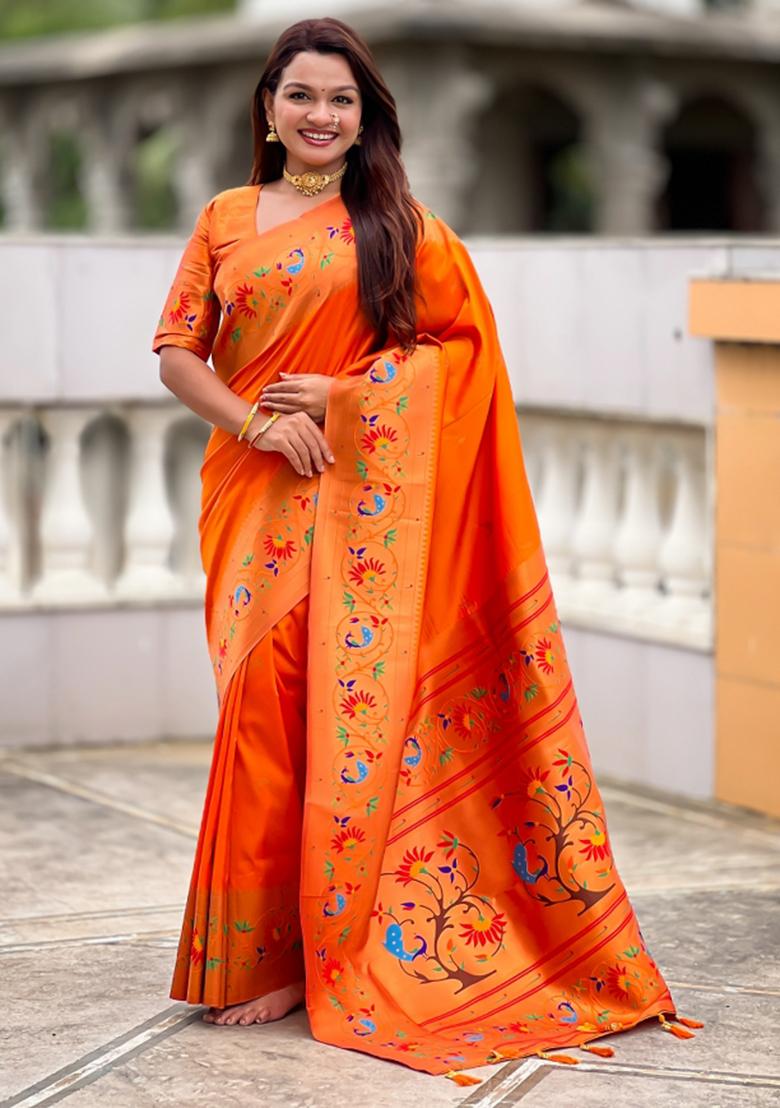 Orange Woven Faux Paithani Silk Saree Set - Indya