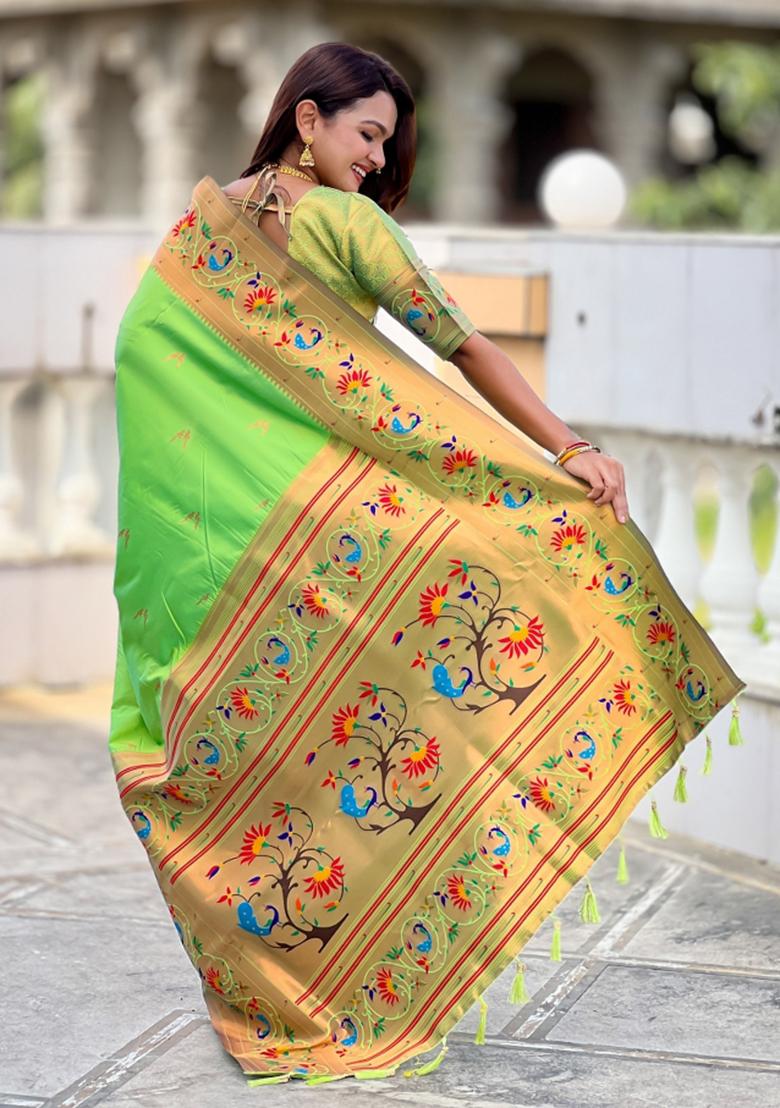 Green Woven Faux Paithani Silk Saree Set - Indya