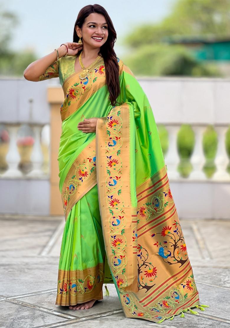 Green Woven Faux Paithani Silk Saree Set - Indya