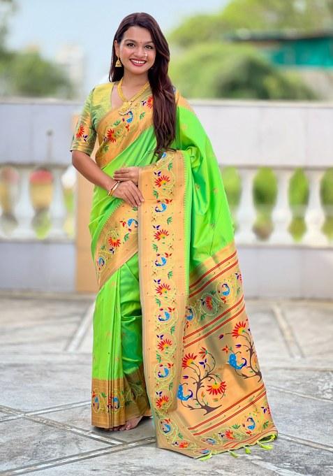Green Woven Faux Paithani Silk Saree Set