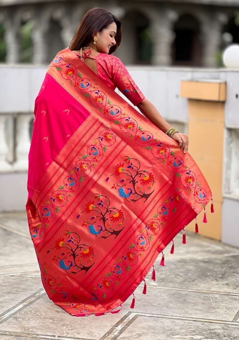 Pink Woven Faux Paithani Silk Saree Set for Diwali and Festive Wear - Indya