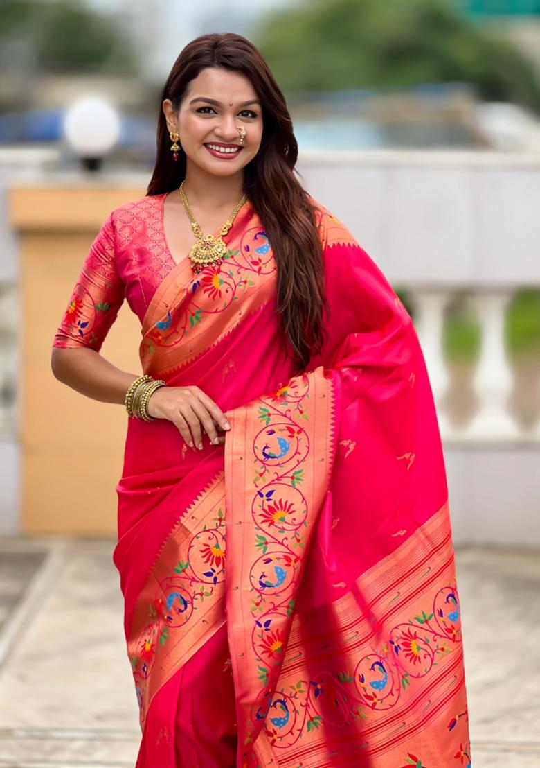 Pink Woven Faux Paithani Silk Saree Set - Indya