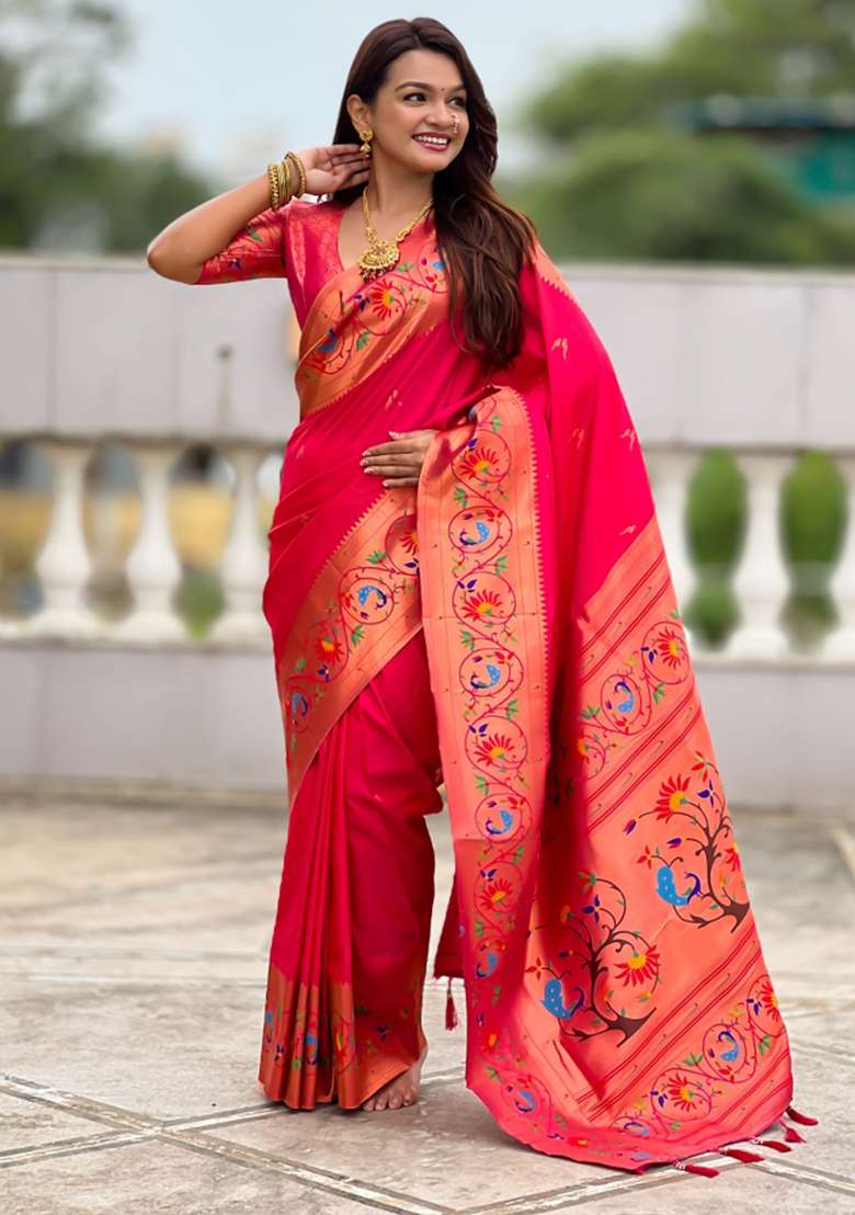 Pink Woven Faux Paithani Silk Saree Set for Diwali and Festive Wear - Indya