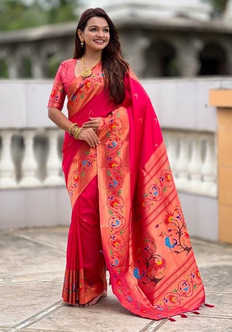 Pink Woven Faux Paithani Silk Saree Set