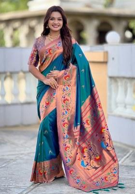Teal Woven Faux Paithani Silk Saree Set