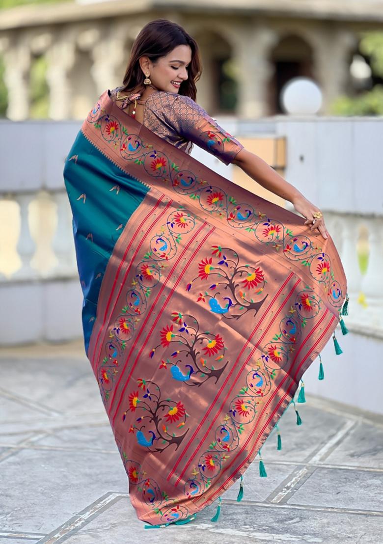 Teal Woven Faux Paithani Silk Saree Set - Indya