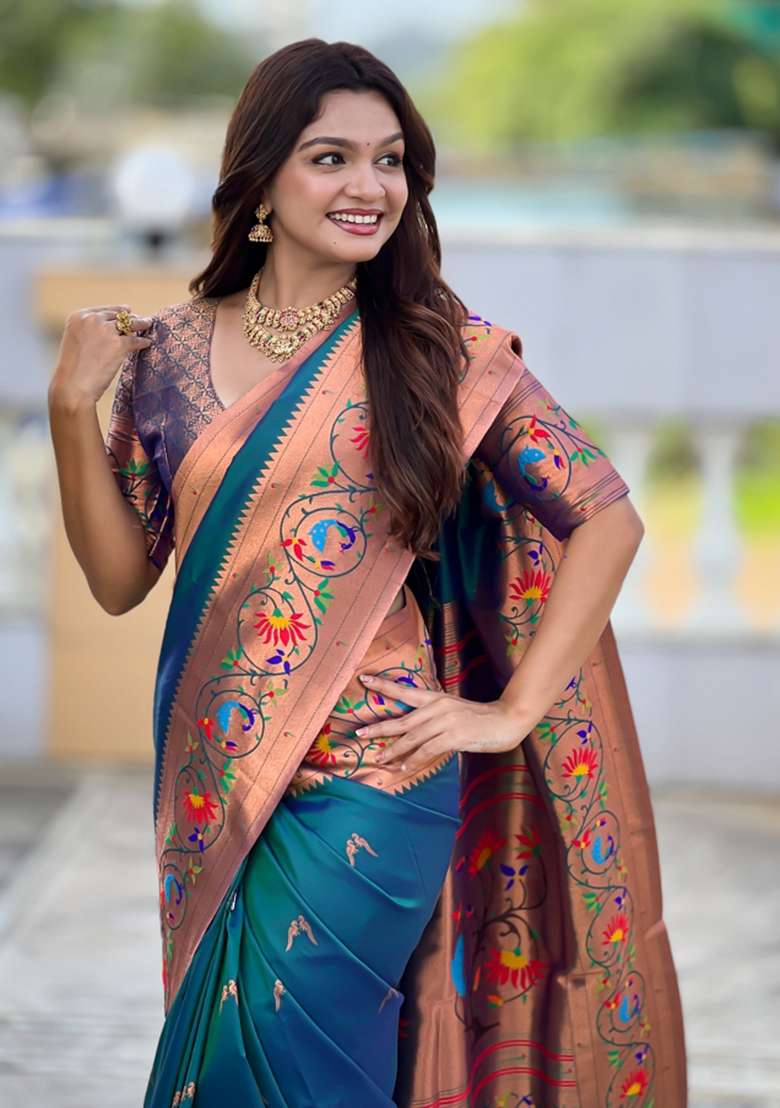 Teal Woven Faux Paithani Silk Saree Set for Diwali and Festive Wear - Indya