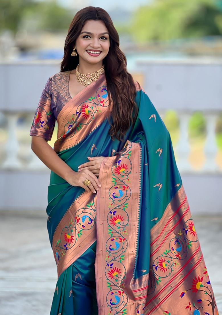 Teal Woven Faux Paithani Silk Saree Set - Indya